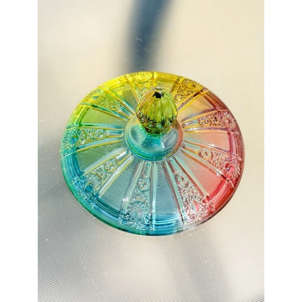 Glass Candy Dish Rainbow Jar 16oz Colorful Embossed Vintage Bowl with Lid